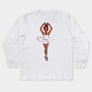 African American ballerina in white tutu and pink bow - brown skin ballerina Kids Long Sleeve T-Shirt